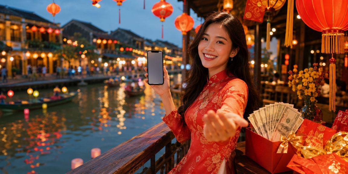 Phong bì đỏ may mắn và bonus tại Hội An bên ly cà phê Việt Nam